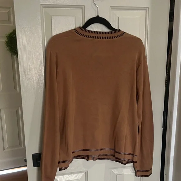 Adrianna Papell Camel Cardigan with Black Trim and Gold Buttons - Picture 5 of 6